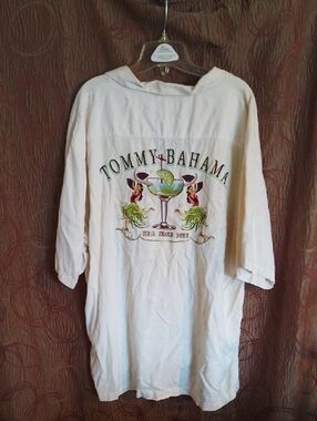 Tommy Bahama Silk  Short Sleeve Button Down Shirt with Tropical Embroidered Back